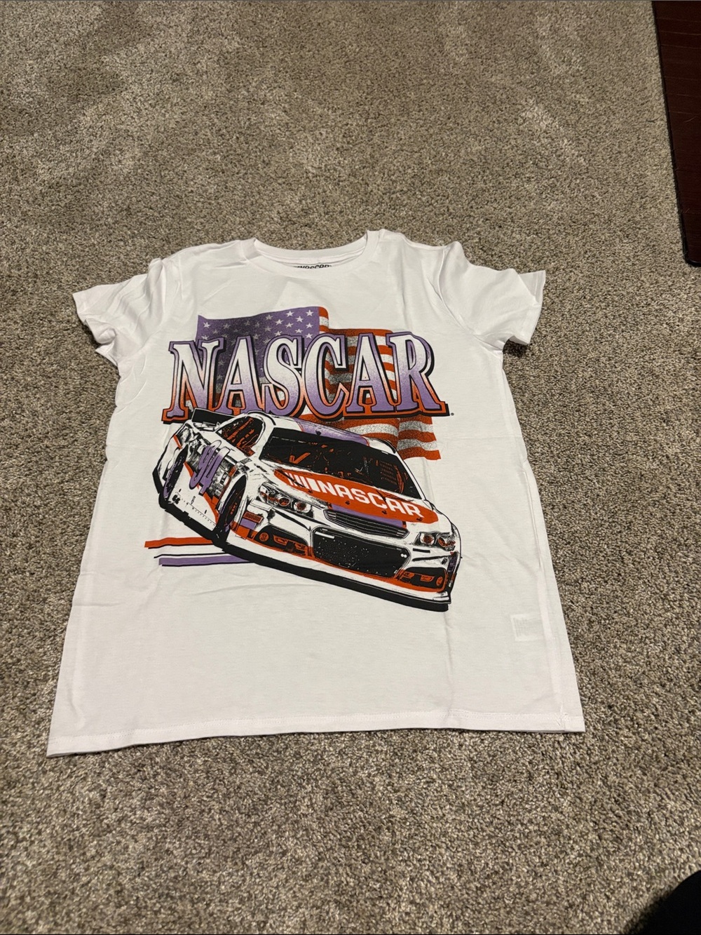 Nascar White Short Sleeve Tee with Orange and Purple Race Car Graphic